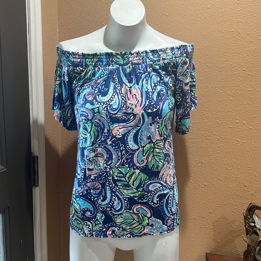 Lilly Pullitzer Blue Patterned Off The Shoulder S… - image 2
